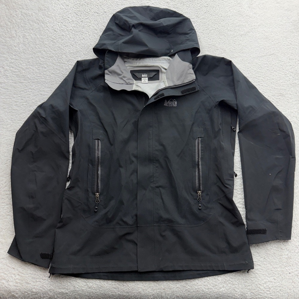 REI Co-op Womens Black Hooded Rain Jacket Technical Shell Size M Full Zip Hooded